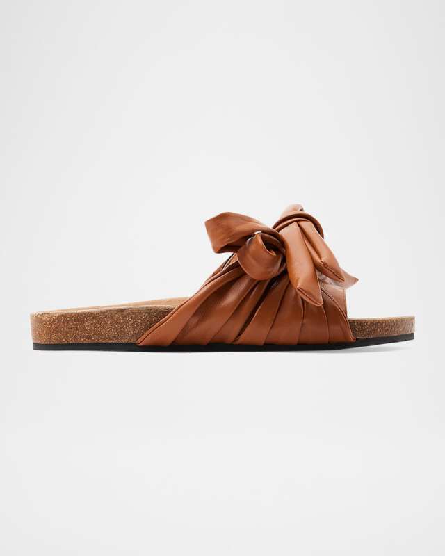 Leather Bow Flat Slide Sandals